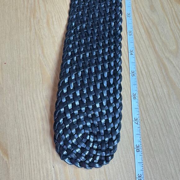 Eddie Bauer Women’s Belt Wide Woven Leather Black M/L Solid Brass Silver Tone - Picture 4 of 6